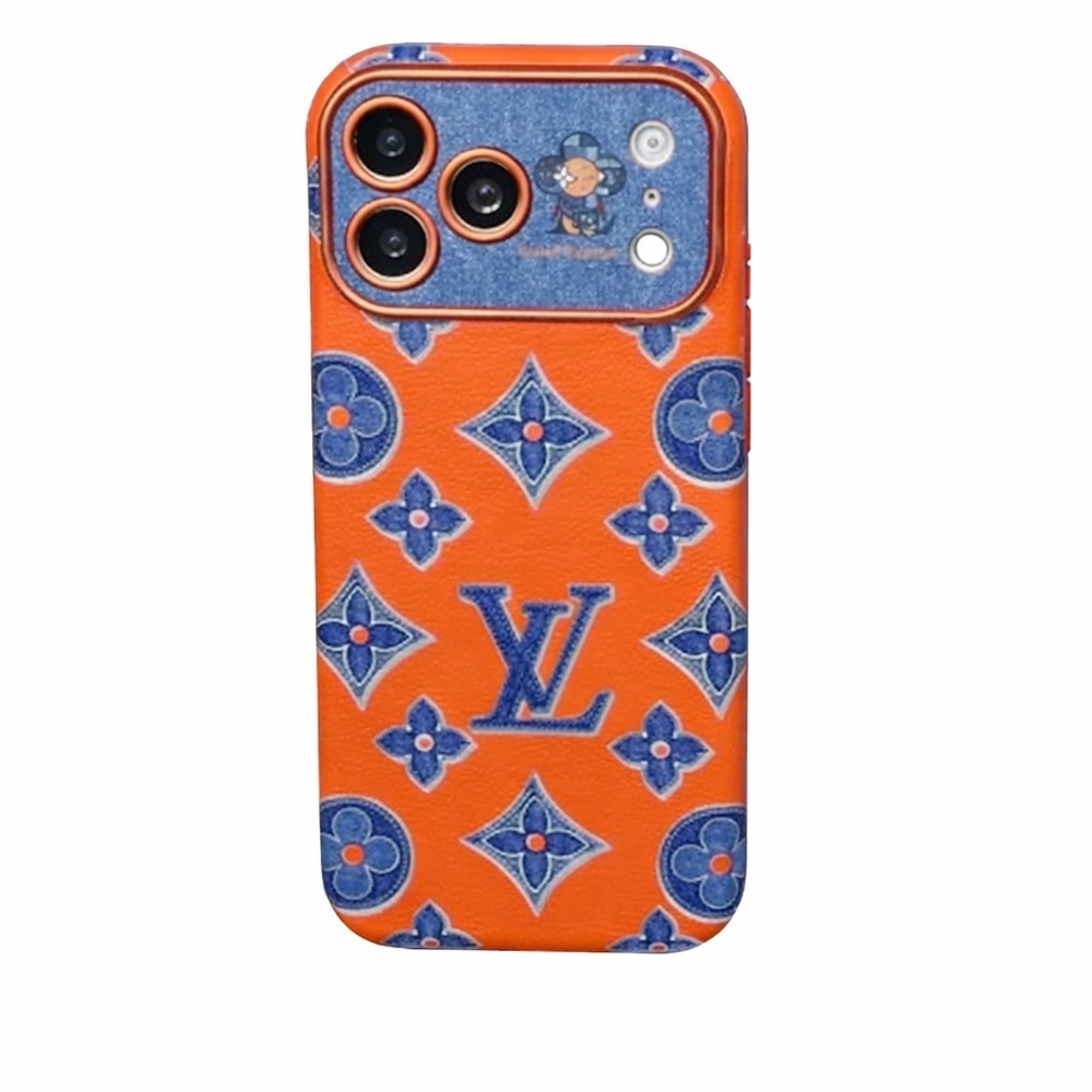 Orange Leather Phone Case with Blue Monogram Accents